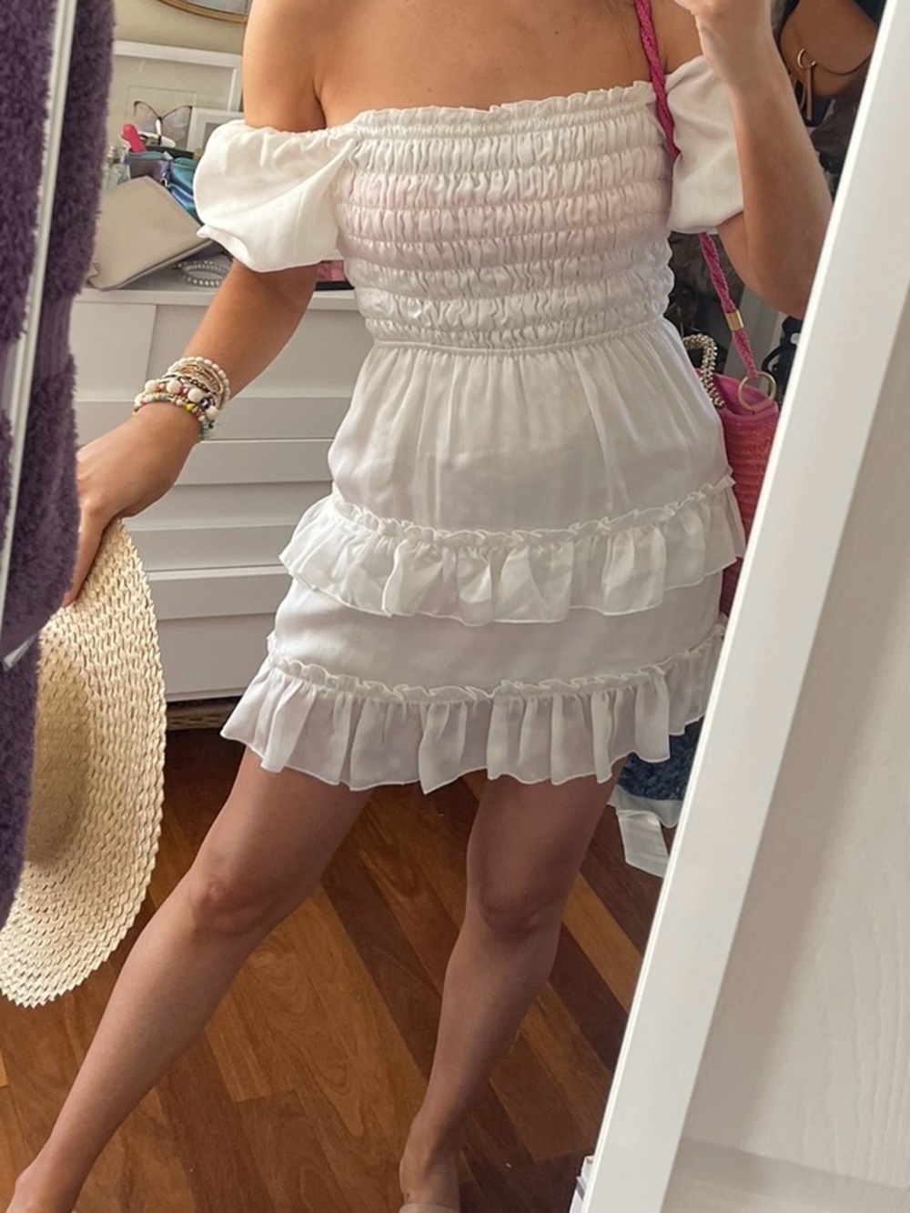 White Smocked Ruffle Dress
